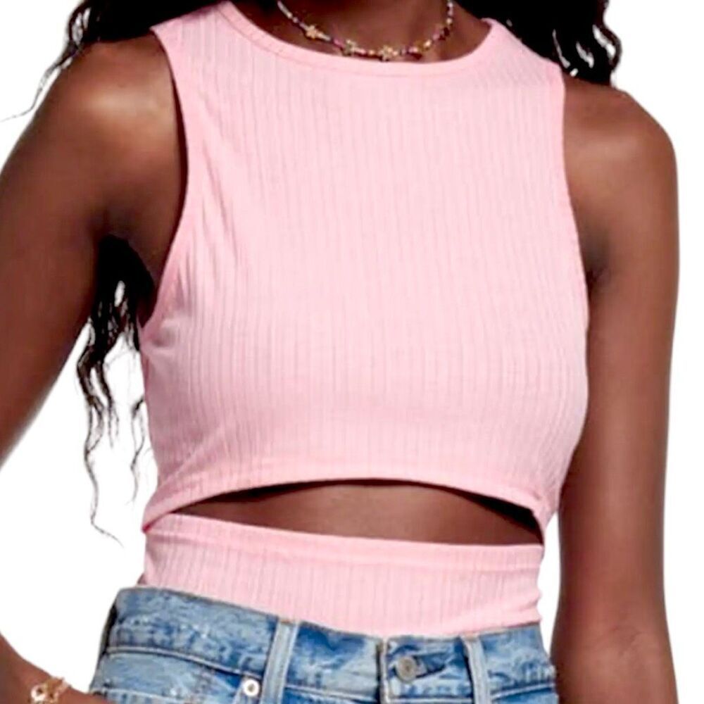Bp Women's Pink Sleeveless Ribbed Cut Out Cropped Top Size Large NWT